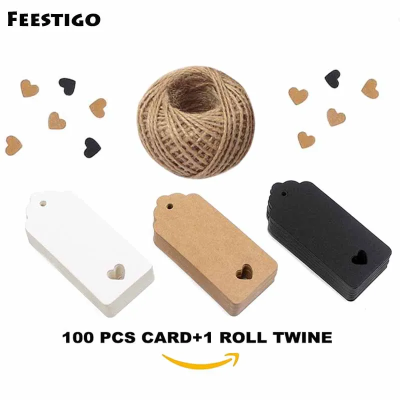 Feestigo 100 шт. винтажная крафт бумага в форме сердца подарочные бирки с веревкой для