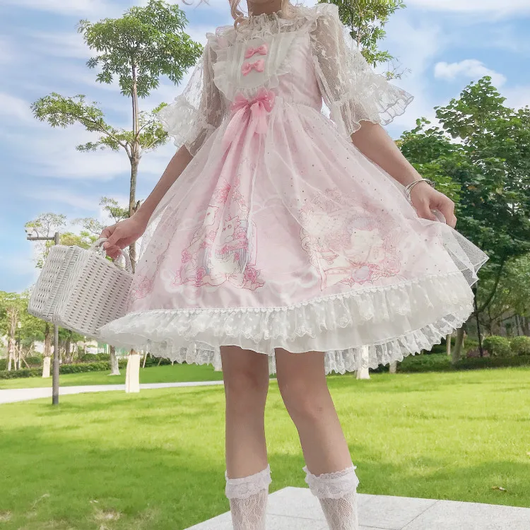 Kawaii японская Лолита АО платье женская летняя обувь мягкой сестра ветер милые с рисунком кошки с бантом в стиле «лолита» с ремешком и милым милое платье