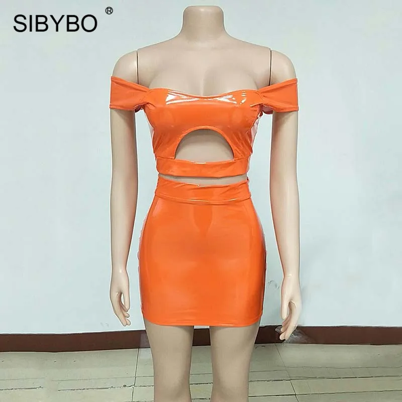 Sibybo, с открытыми плечами, из искусственной кожи, сексуальный комплект из двух частей, платье с выемкой, высокая талия, мини, летнее женское платье, на молнии, Клубные вечерние платья