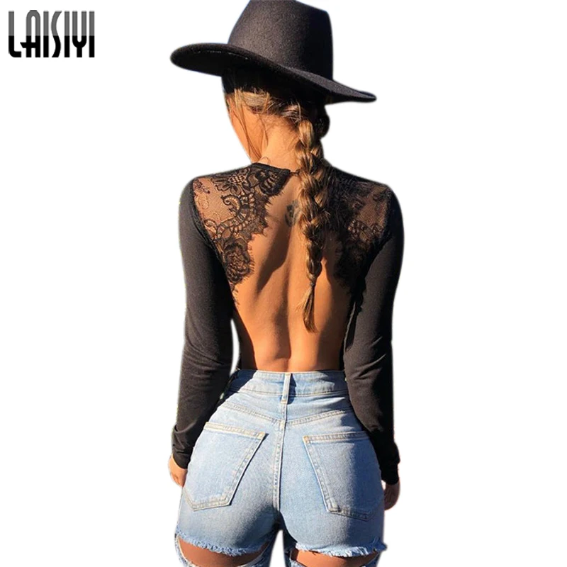

LAISIYI Spring Backless bodysuit Lace Sexy Rompers Womens Jumpsuit Bodycon Long Sleeve Bodysuits Bodies Ladies ASJU20393