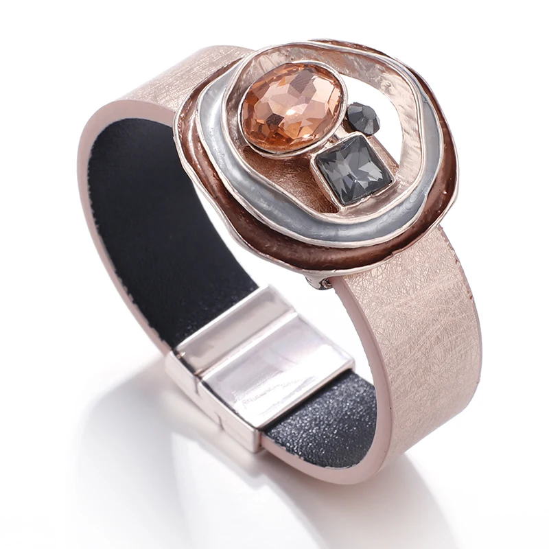 ALLYES кожаные браслеты со стразами для женщин Модный металлический Шарм широкий манжет ювелирный женский браслет