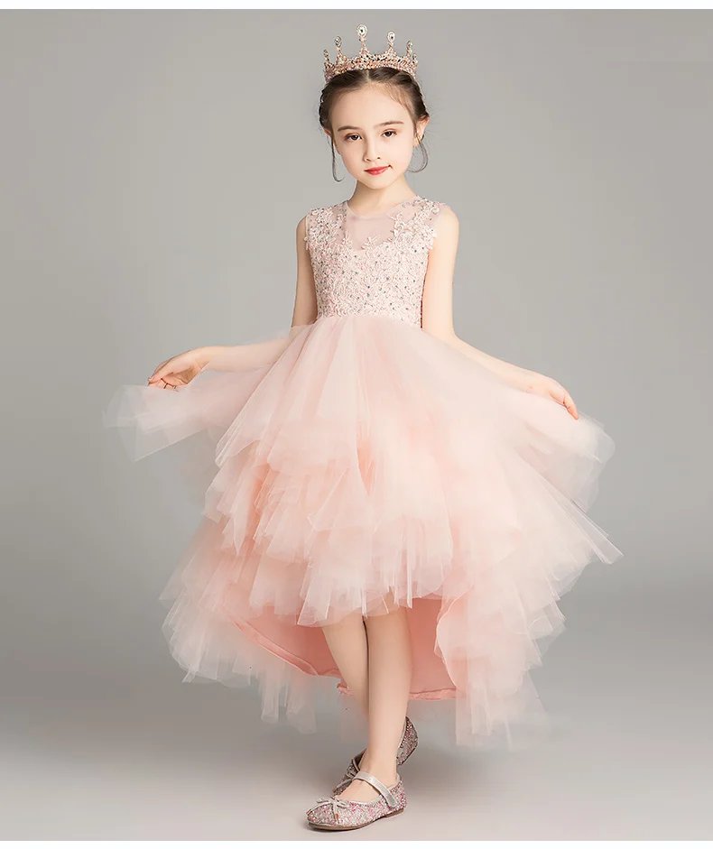 

Performance Show Prom Flower Girl Wedding Dresses Kids Layered Beaded Tulle Party Princess Birthday Dress First Communion Gown