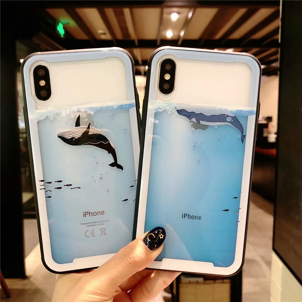 Cases for Iphone 7 Lovely Sea Whale Dolphin Phone Case 7Plus Soft TPU Edges Transparent Tempered Glass Cover Capa |
