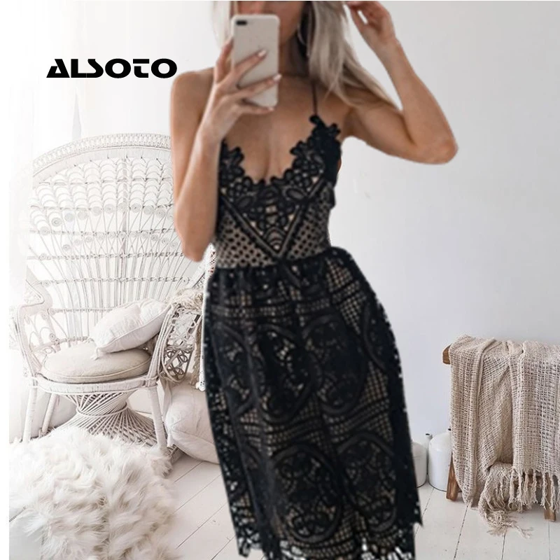 Women Summer Dress Sexy Party Deep V Neck Backless Lace Dresses Fashion Sleeveless Halter Bandage Midi | Женская одежда