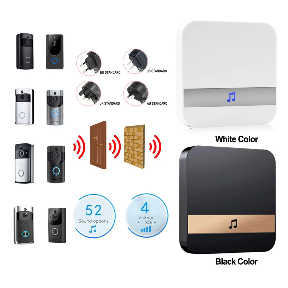 AC 110-220V 20-80 дБ Смарт 433MHz Chime Внутренний дверной звонок беспроводной WiFi дверной звонок EU US UK AU вилка для видео дверной звонок Водонепроницаемый