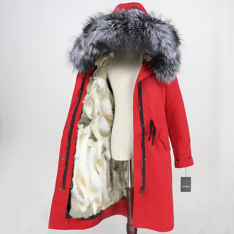 red silver OFTBUY, водонепроницаемая верхняя одежда, парка, зимняя куртка, Женское пальто с натуральным мехом, Воротник из меха серебристой лисы, капюшон, натуральный мех кролика, подкладка, теплая - Цвет: red silver