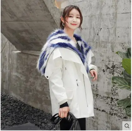 white blue Толстая цветная Женская парка, парка размера плюс, большая теплая Свободная Женская куртка с воротником из натурального меха енота - Цвет: white blue