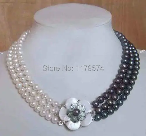 

Hot Charming! new 3row white & black fresh water pearl necklace shell flower clasp Hand Made Fashion Jewelry Making Design W0382