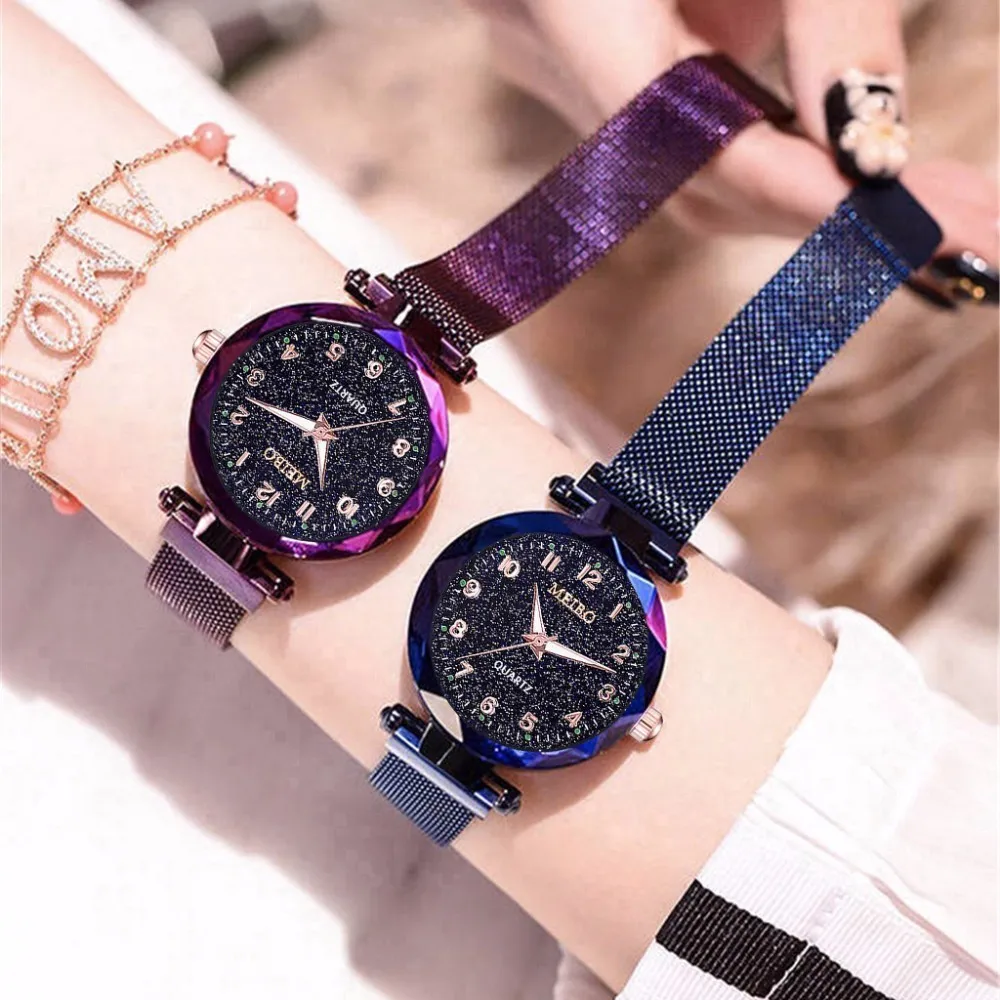 Hot Selling Women Mesh Magnet Buckle Starry Sky Luminous Watch Luxury MEIBO Ladies Stainless Steel Quartz Relogio Feminino | Наручные