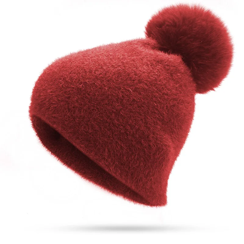 B Девушка Для женщин зима теплая Skullies шапочки Кролика трикотажные шапочки с натуральным мехом Pom Hat Кепки мягкие однотонные енота меховым помпоном Bone - Цвет: B