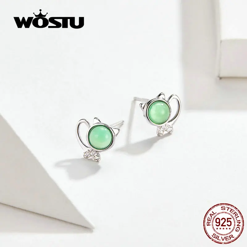 Женские серьги-гвоздики WOSTU с милым котиком, 925 пробы, серебряные, зеленые камни, маленькие серьги для женщин, массивные серебряные 925 ювелирные изделия CQE653