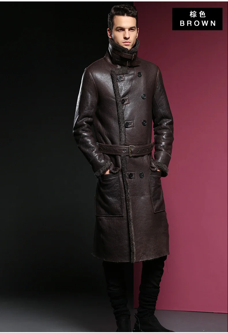 Dark Brown Дизайн, шуба из овчины, натуральная кожа, Мужская официальная зимняя длинная Толстая шерстяная куртка, Мужская шуба из овчины, 4XL - Цвет: Dark Brown