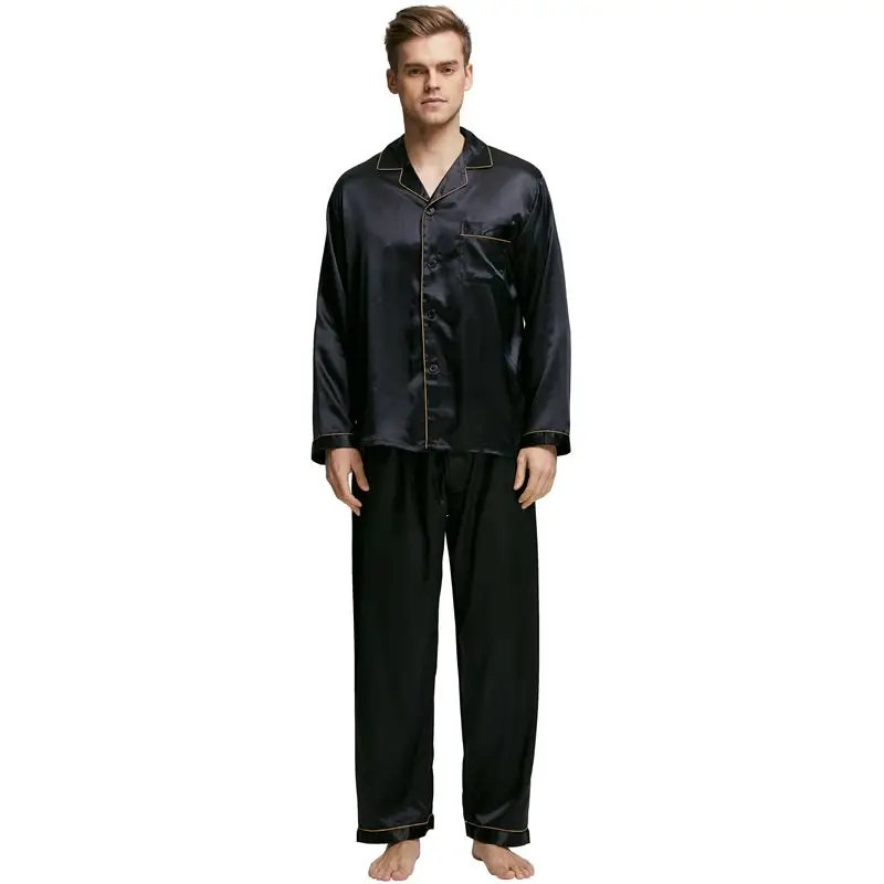 

Fashion All-Match Loose Men's Ice Silk Lapel Long-Sleeved Solid Color Home Service Pajamas Set