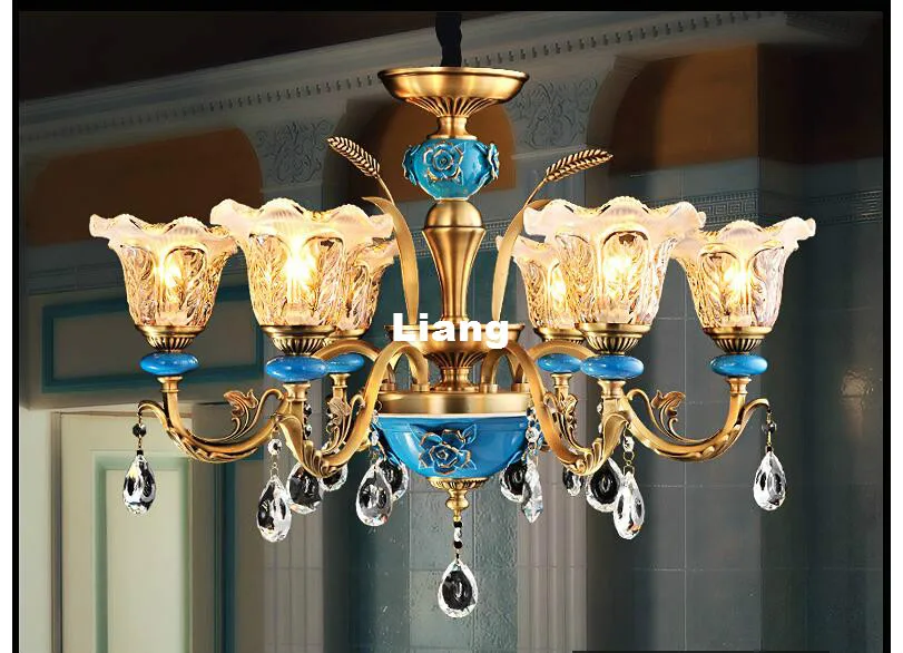 Free Shipping Copper Crystal Chandelier Bronze Blue Ceramic Lamp LED Lustre Suspensions Home Decoration 100% Guaranteed | Лампы и
