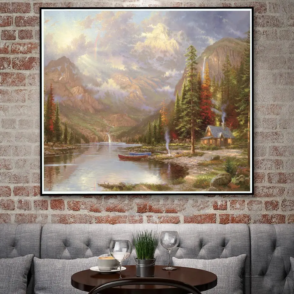 Thomas Kinkade дача горы водопад, мост Шелковый плакат картина маслом для домашнего декора 14x16 20x23 26x30 32x37 дюймов без рамы - Цвет: 047
