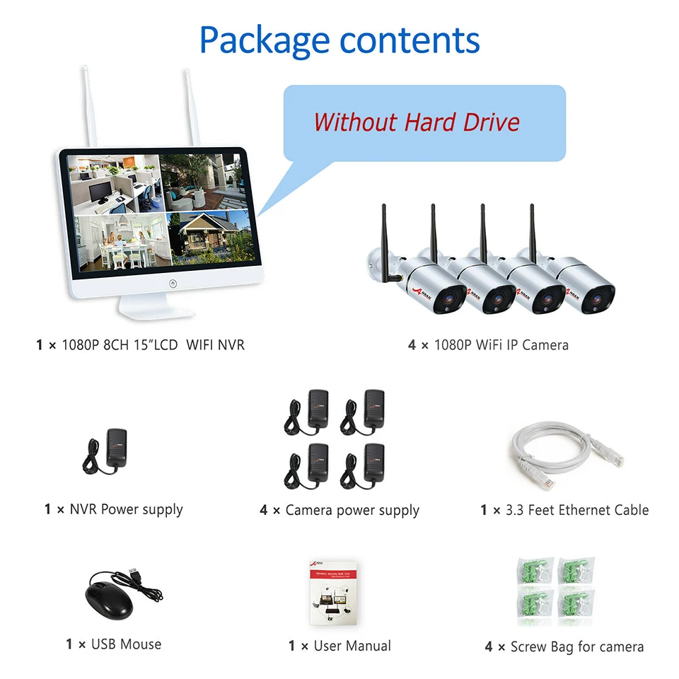 ANRAN CCTV H.265 2.0MP 8CH NVR 15 дюймов LCD 2/4 шт 1080P 36 IR наружная Ночная Видео IP Беспроводная