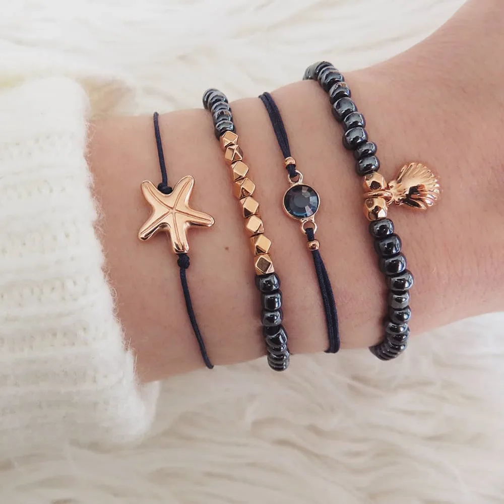 

Trendy starfish shell treasure blue bead chain bracelet five-piece jewelry