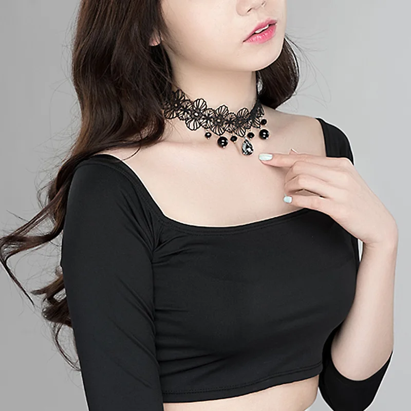 LNRRABC 1PC Hot Sexy Black Lace Flower Waterdrop Rhinestones Pendant Women Lady Girl Popular Torques Short Necklace | Украшения и