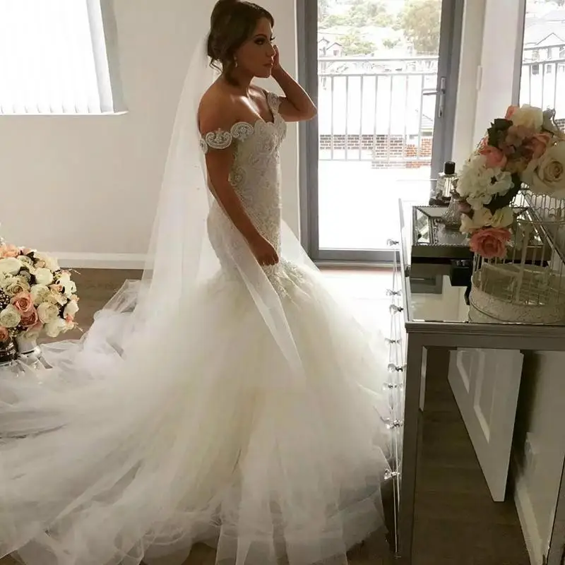 off the Shoulder Wedding Gown V Neck Backless Mermaid Dress Lace Appliques Bride Beads vestido de noiva | Свадьбы и торжества