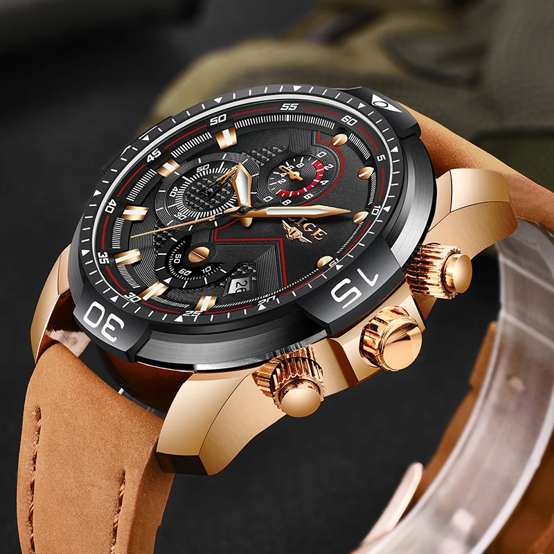 

Часы наручные LIGE мужские с кожаным ремешком, брендовые Роскошные Кварцевые спортивные водонепроницаемые золотистые в подарок, с коробкой, ...