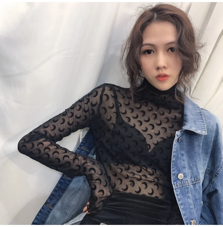 Женская Базовая футболка Harajuku черная прозрачная Водолазка с длинным рукавом и
