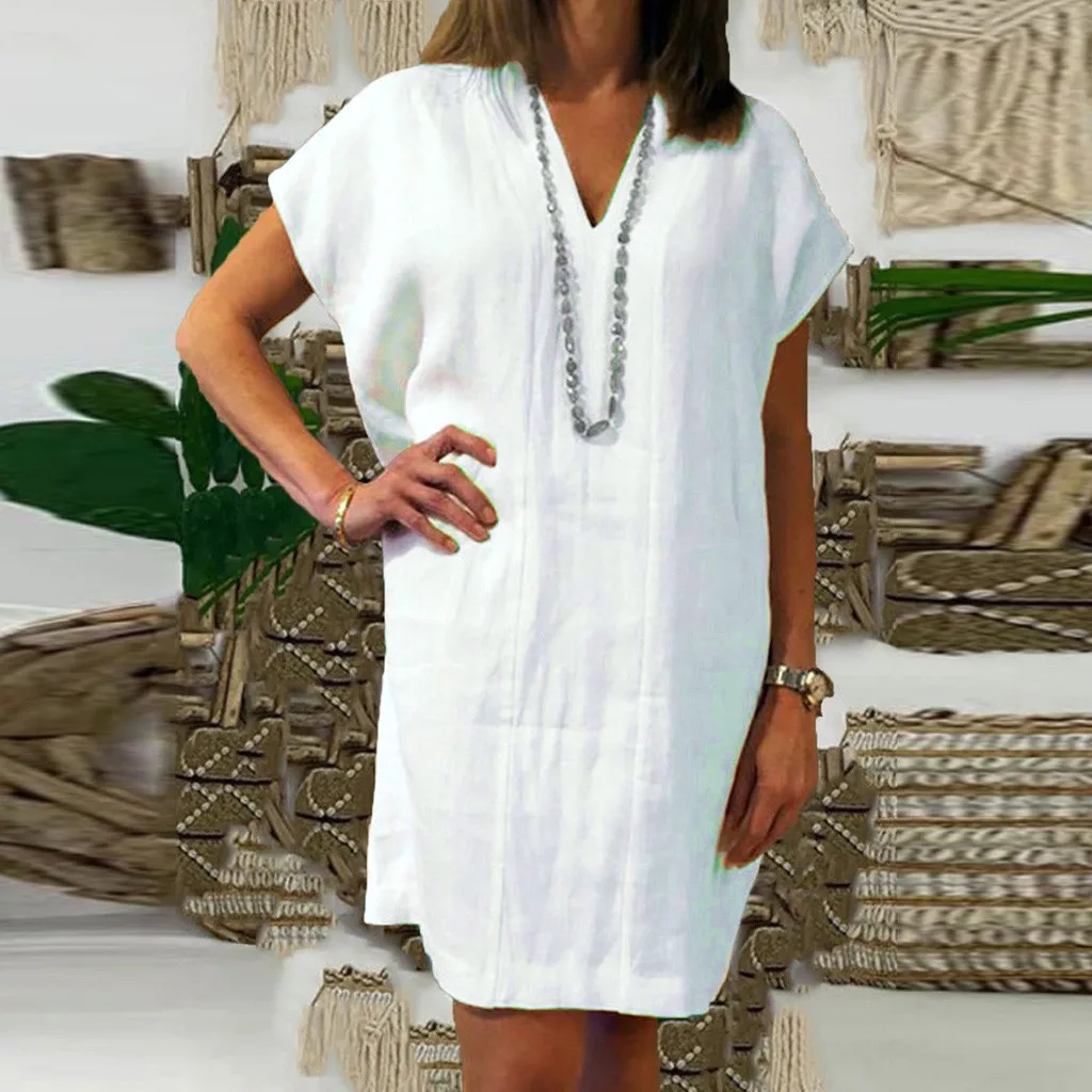 Hсу женская футболка свободного кроя из хлопка и льна однотонное платье дамы с V