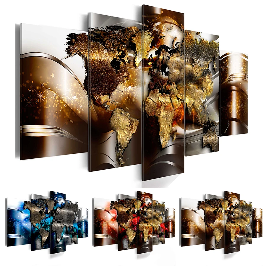 

(No Frame)5 Panels Hot Sell Abstract Retro Metal Map Modern Home Wall Decor Painting Canvas Printing Art HD Print Painting