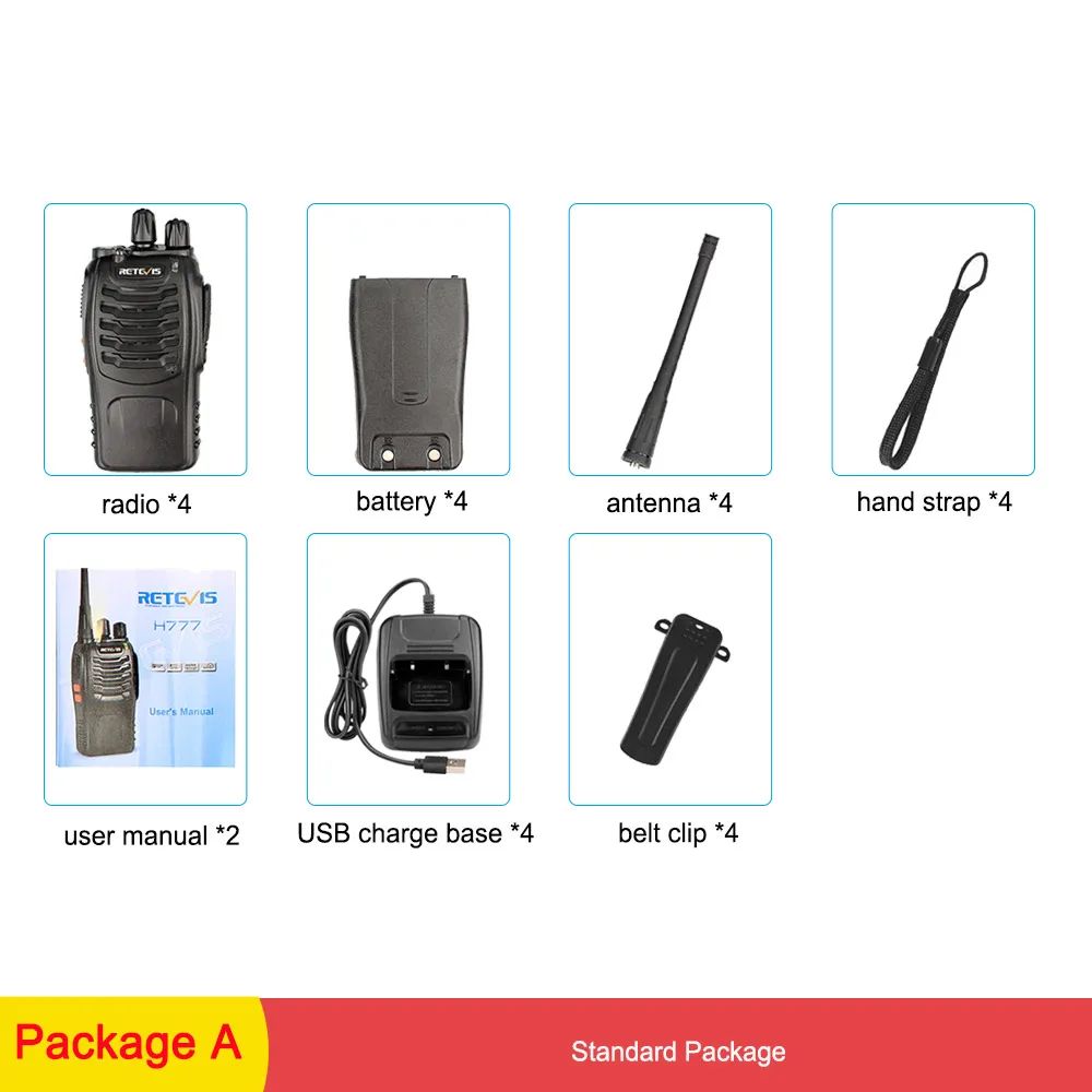 Package A 4 шт. удобная портативная рация RETEVIS H777 3 Вт UHF трансивер двухсторонняя радиостанция коммуникатор двухсторонняя рация для отеля - Цвет: Package A