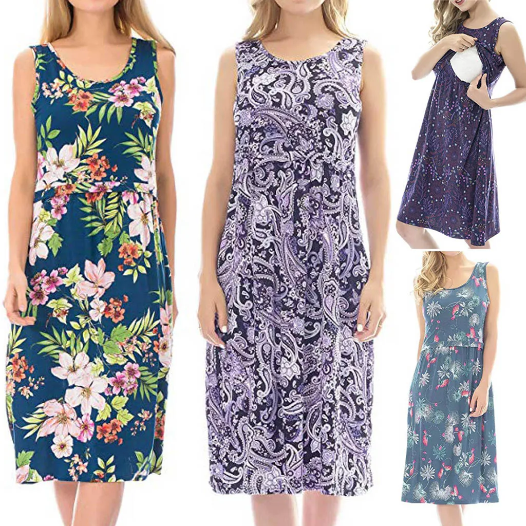 Women Nursing Dress Clothes Sleeveless Pregnant Maternity Flower Pregnancy Casual 2019 Summer Cloth | Мать и ребенок
