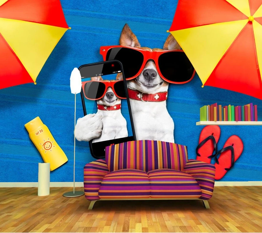 Мультфильм собака смартфон очки цветной фон животные обои гостиная диван тв