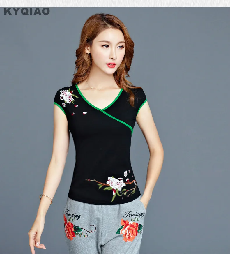 Футболка с вышивкой KYQIAO этническая хиппи футболка коротким рукавом и v образным