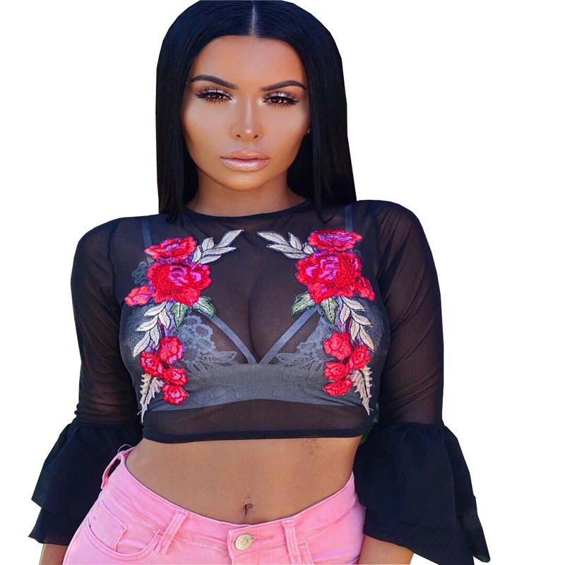 Женская блузка с вышивкой осень 2017 Офисная рубашка Прозрачная Футболка женская