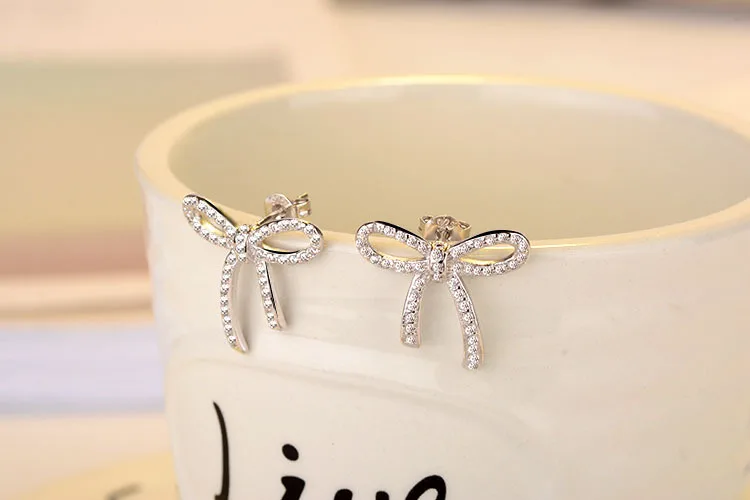 Высокое качество классический дизайн бант блестящий кристалл женское серебро 925