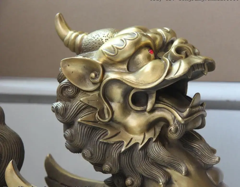 Китайский дворец Латунь Медь Pixiu Храбрые войска Собака Лев Статуя KIRIN пара | Дом и