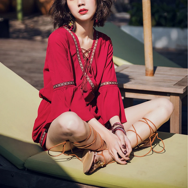 Красный женский пляжный комбинезон Boho Hawaii Лето модный сексуальный женский комбинезон с v-образным вырезом и принтом женские широкие шорты комбинезон шифоновый комбинезон Femme