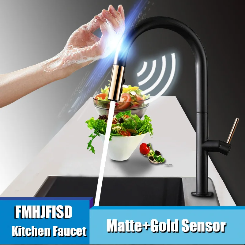Black Sensor FMHJFISD кухонный кран Черный Белый Выдвижной вращающийся поток спрей смеситель кран горячий холодный кран на бортике кран - Цвет: Black Sensor