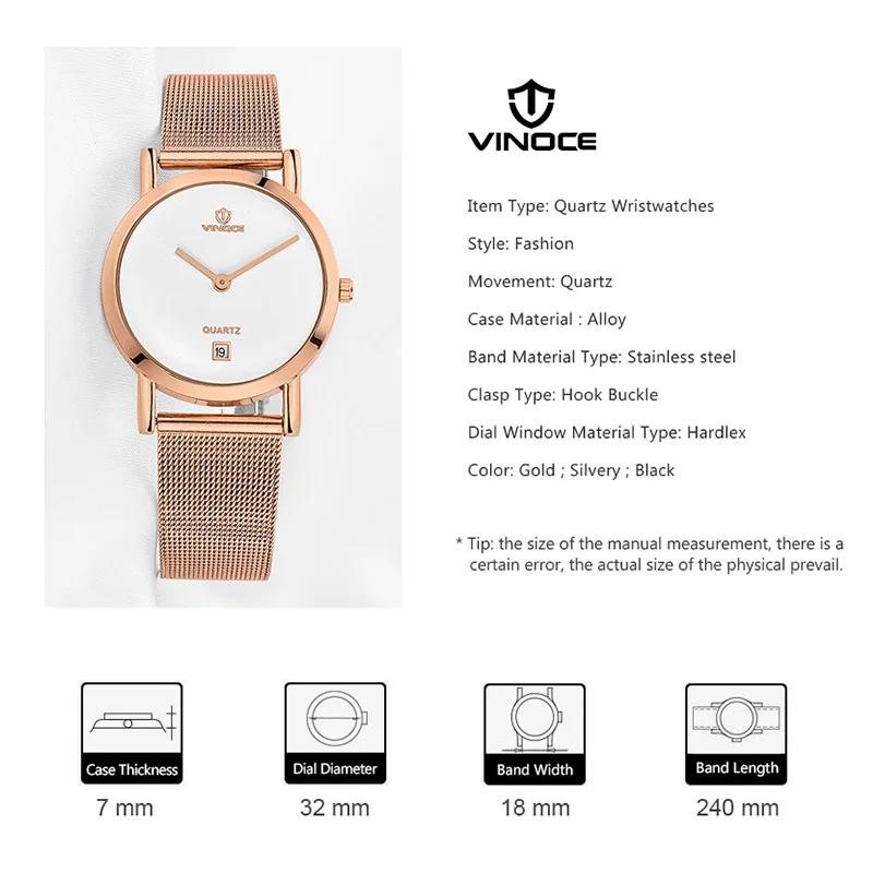 Женские кварцевые часы VINOCE розовое золото нержавеющая сталь браслет женские