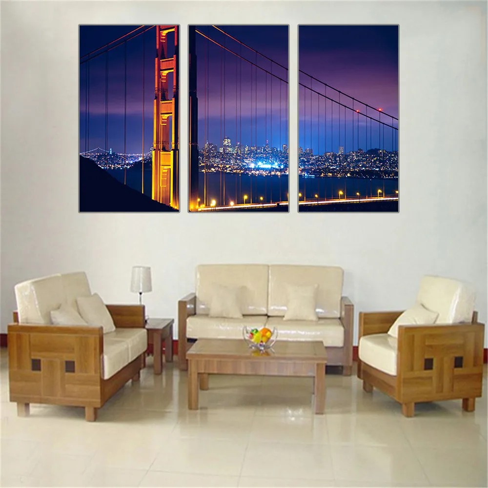 

Modern Canvas Painting Golden Gate Bridge Canvas Art Oil Picture Home Decor Night View Wall Picture HD Unframed Modular 3 Pieces