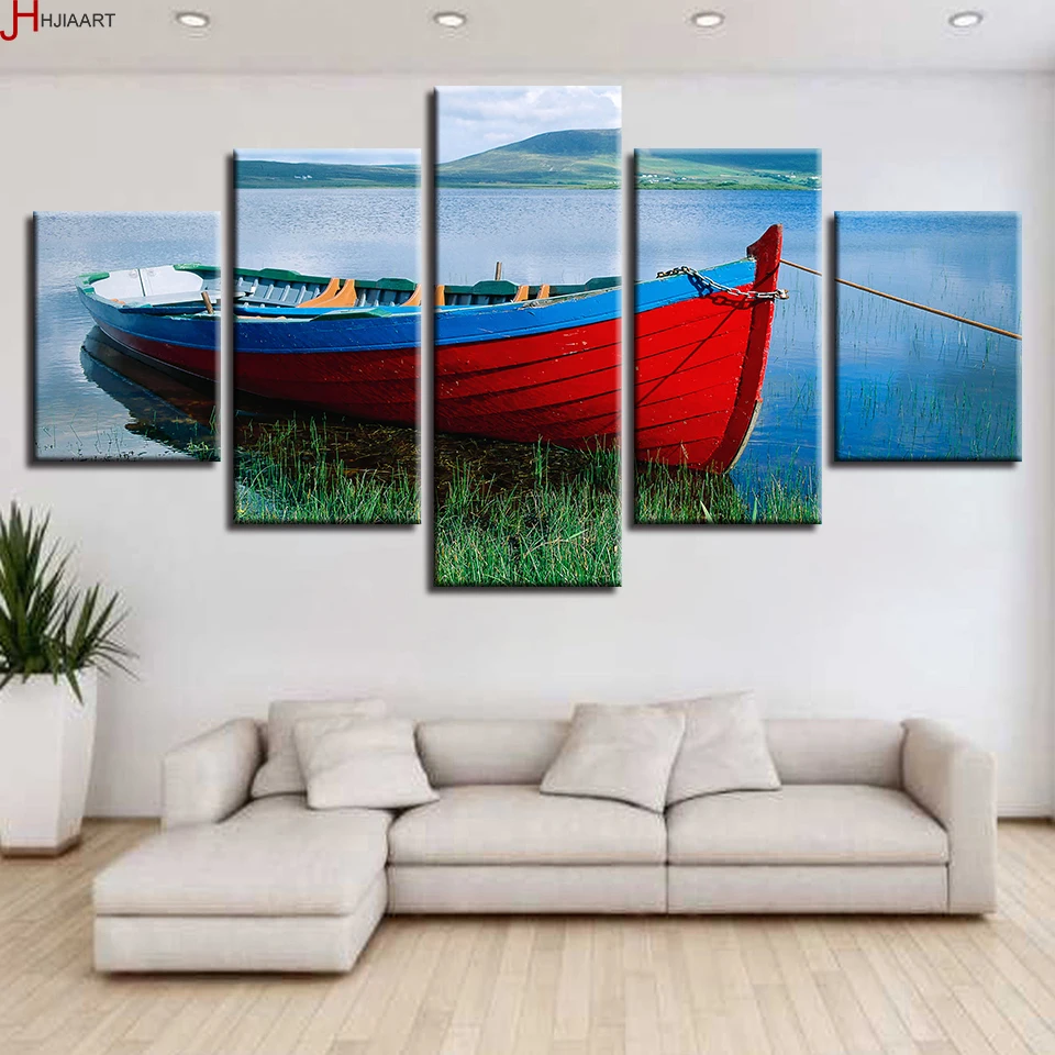 

Printing Poster Modular Canvas Pictures Decor Home Living Room 5 Pieces Ship River Mountain Scenery Paintings Framework Wall Art