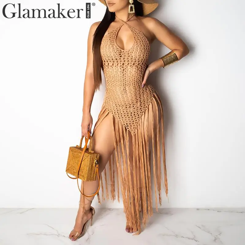 Glamaker, сексуальное трикотажное черное платье с бретелькой через шею, женское элегантное облегающее платье средней длины с открытой спиной, вечерние платья с кисточками