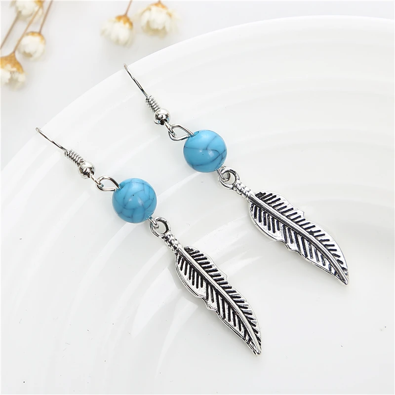 Brand Design Statement Jewelry Vintage Blue Bead Silver Feather Earrings Simple Plated Leaf Dangle For Women | Украшения и