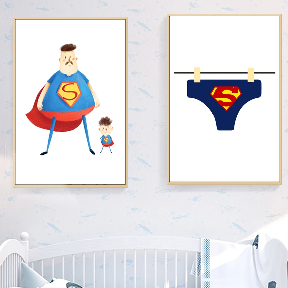 

Cartoon Superhero Funny Father And Son Wall Art Canvas Painting Nordic Posters And Prints Wall Pictures Kids Room Nursery Decor