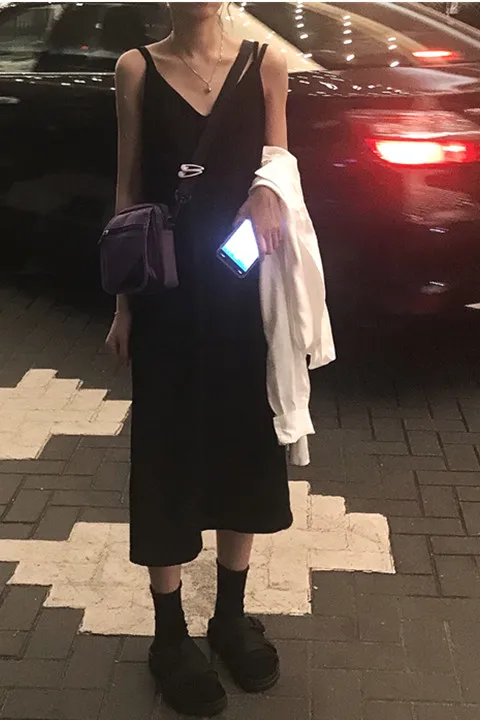 Hong Kong Wind Loose Medium-long Sleeveless V-collar Pure Colour Open-forked Dresses With Suspended Vest Inside | Женская одежда