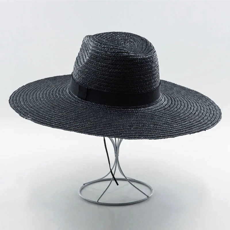 Black 13cm Big Brim Straw Sun Hats for Women Men Beige Black Wide Brim Jazz Hats Sun Protection Beach Hat Derby Church Summer Fedoras - Цвет: Black