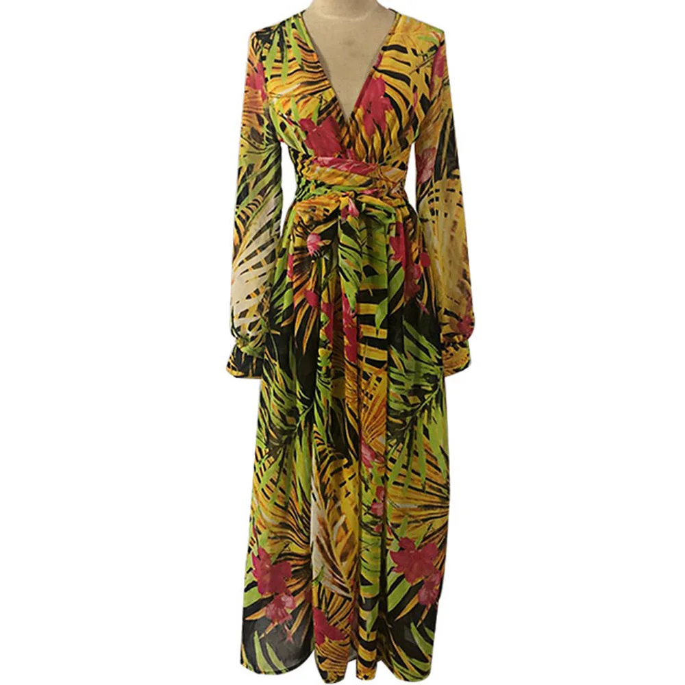 

New Long Sleeve Dress Deep V-neck Color Leaf Chiffon Retro Lantern Sleeves Dress Bohemian Beach Vacation Long Sleeve Dresses