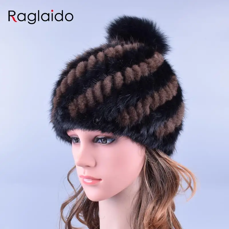 Raglaido шапки для женщин меховые Mink Fur Hat pompom caps Помпон Настоящее Норки Меховые Шапки