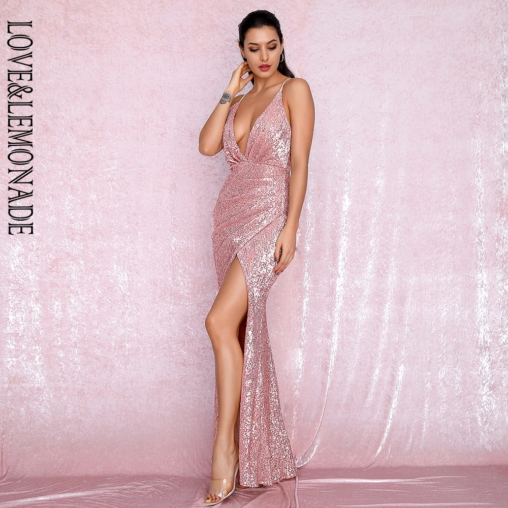 Женское вечернее платье LOVE & LEMONADE розовое золотистое Платье макси с открытой