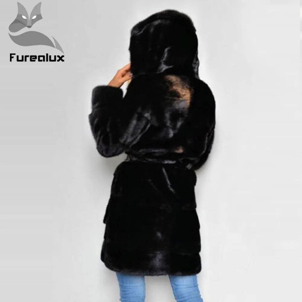 Женская Шуба с капюшоном Furealux длинная шуба из натурального меха норки поясом