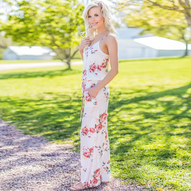 Женский комбинезон с цветочным принтом красный Свободный на бретельках большие