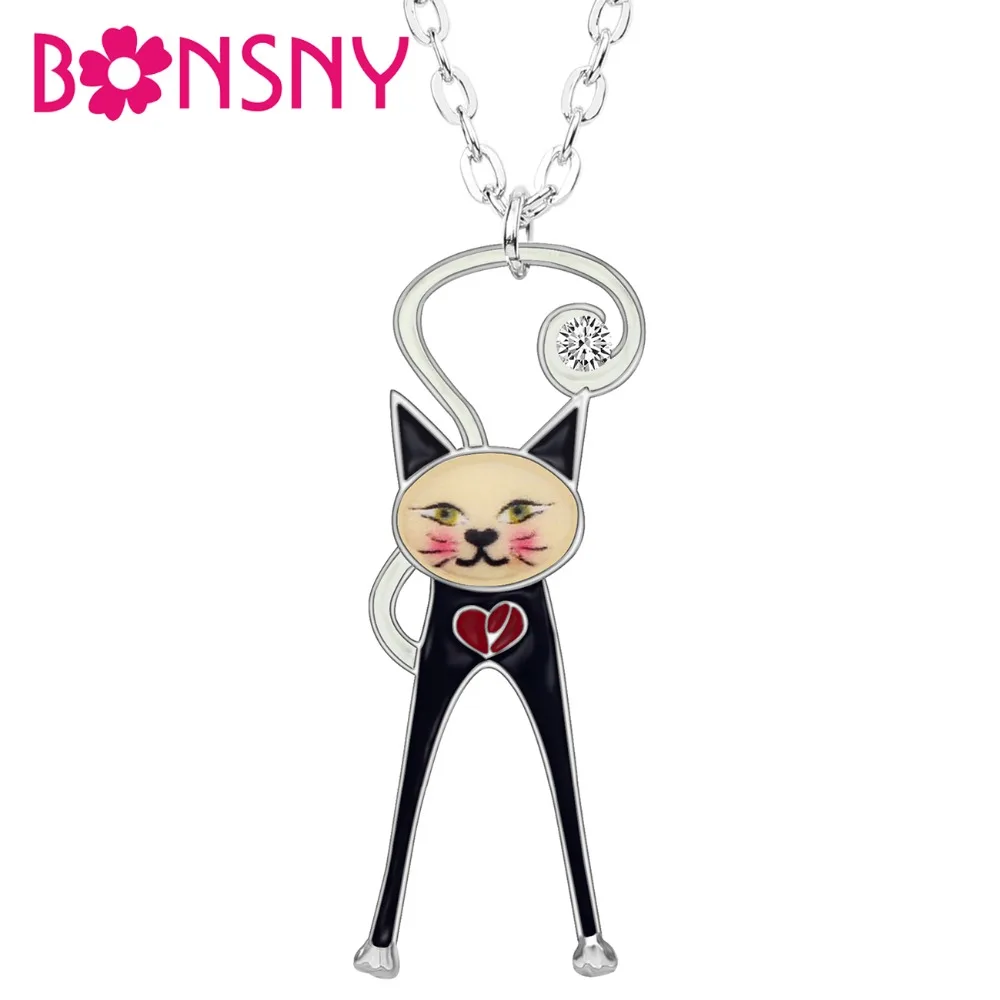 

Bonsny Enamel Alloy Rhinestone Sweet Kitten Cat Necklace Pendant Chain Choker Fashion Animal Pets Jewelry For Women Girls Gift